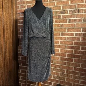 Lauren Ralph Lauren Black and Silver Faux wrap Long Sleeve Dress Sz 16 EUC